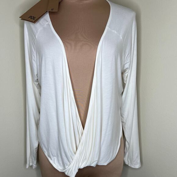 POL Top Small Womens White Faux Wrap V-Neck Surplice Jersey Knit Long Sleeve New - Picture 1 of 8